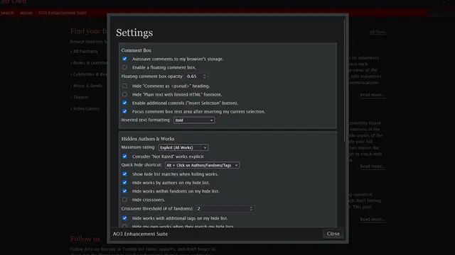 A screenshot of AO3 Enhancement Suite's custom settings dialog.