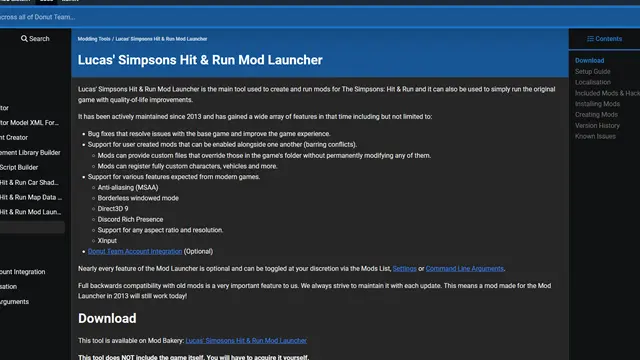 The main page for Lucas' Simpsons Hit & Run Mod Launcher on DT Docs.