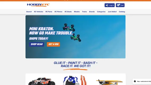 A screenshot of Hobby Etc's modern store homepage.