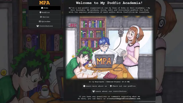 A screenshot of My Podfic Academia's homepage.